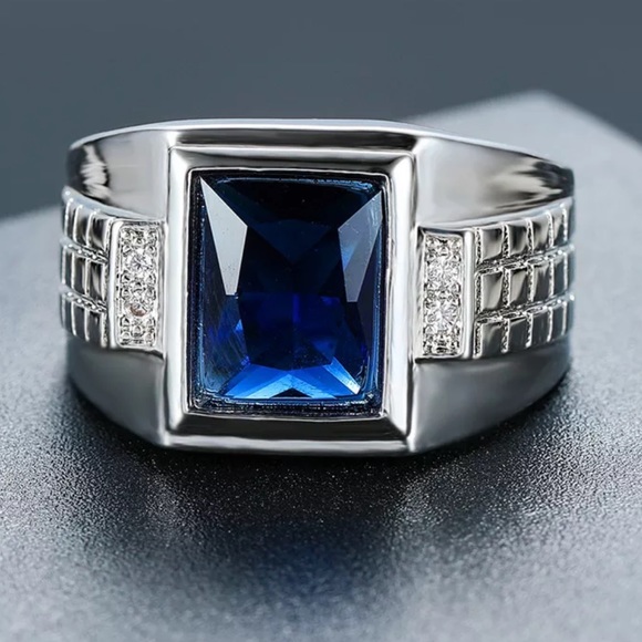 NEW* silver blue gemstone cuban Ring - Picture 3 of 3